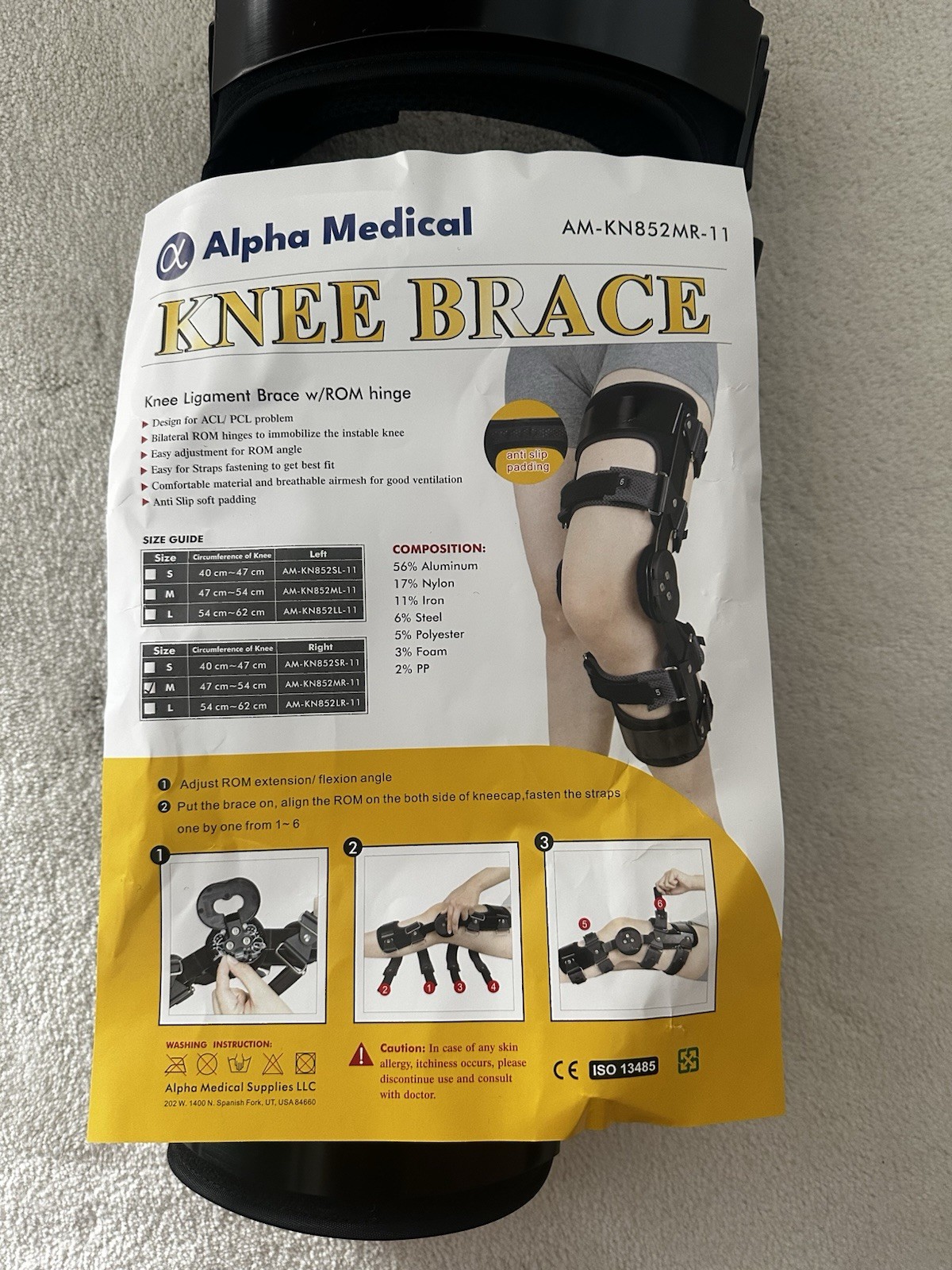 Alpha Medical Knee Brace AM-KN852MR-11 Medium Black Adjustable Breathable