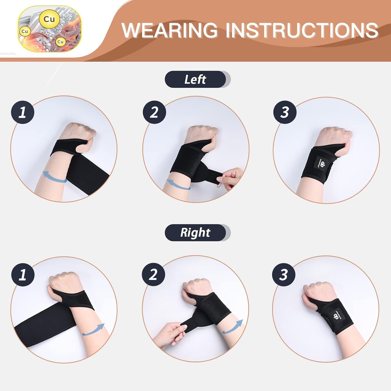 2 Pack Adjustable Copper Wrist Brace for Carpal Tunnel & Arthritis Pain Relief