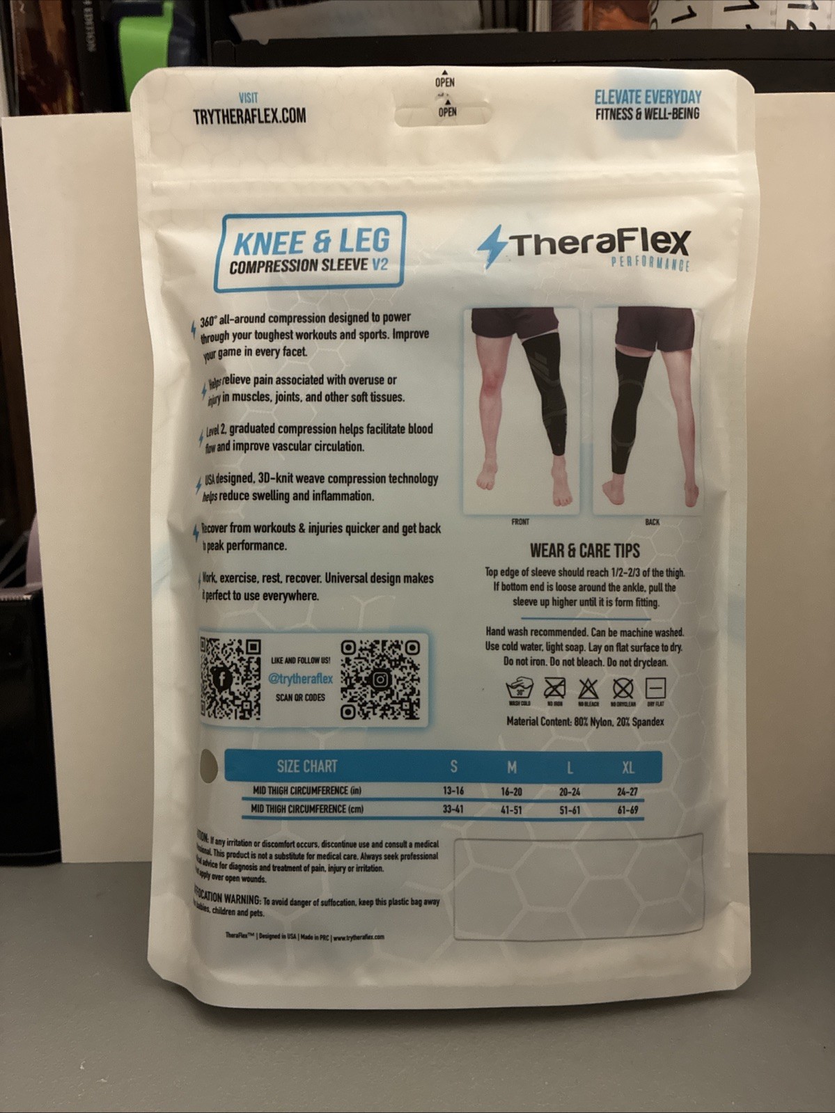 TheraFlex Performance Compression Sleeve V2 Knee & Leg Unisex Large, 2 Sleeves