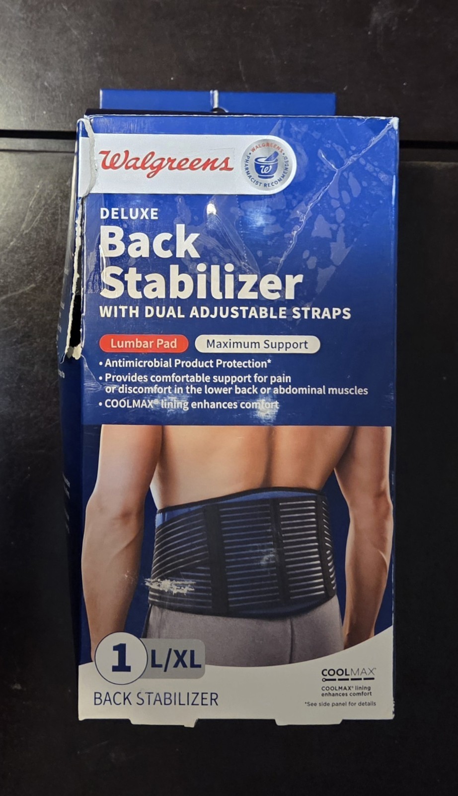 Wallgreens Deluxe Back Stabilizer Size L/XL Coolmax, Antimicrobial, Lumbar Pad
