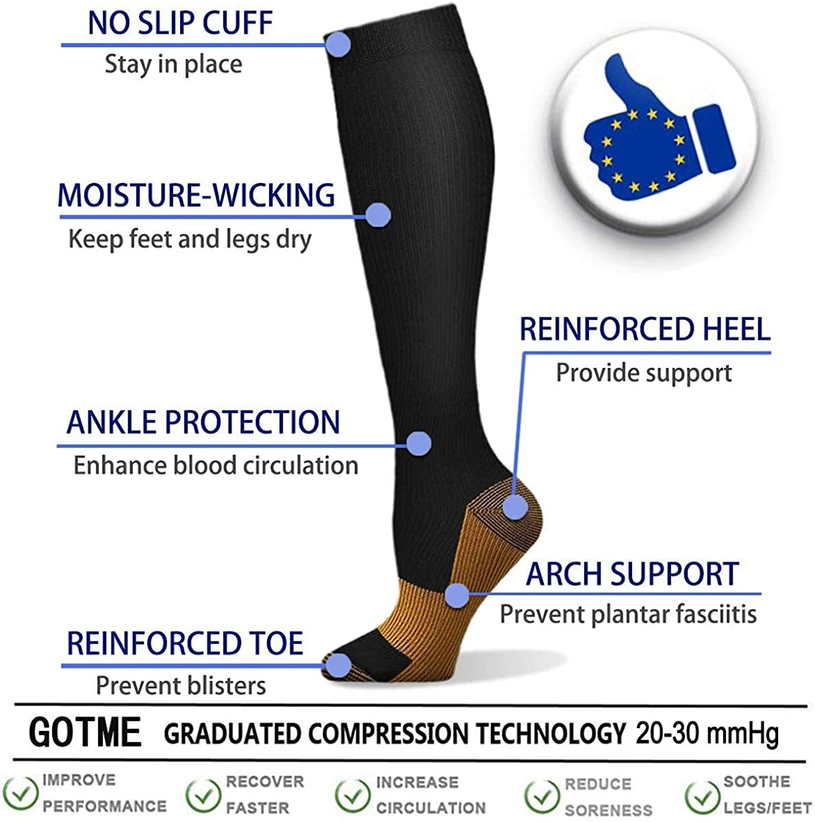 Compression Socks Pain Relief Calf Leg Foot Support Stocking Copper Knee High