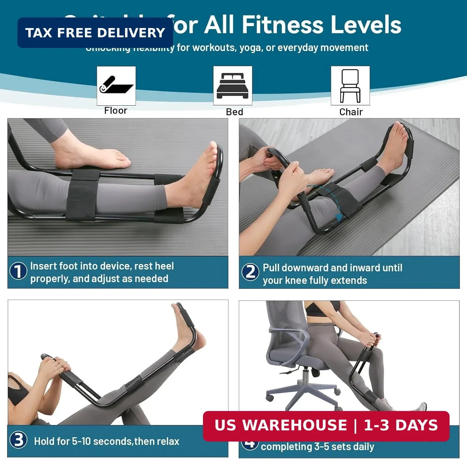 Hamstring Stretcher, Knee Extension Device, Lower Back, Hip & Calf Stretching