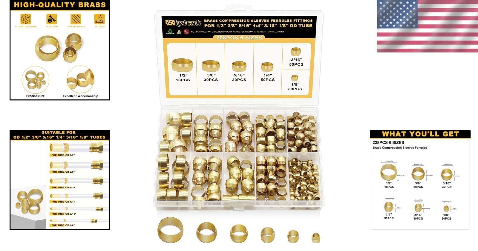 High-Quality 228PCS Brass Compression Ferrule Kit – 6 Sizes for All Applications