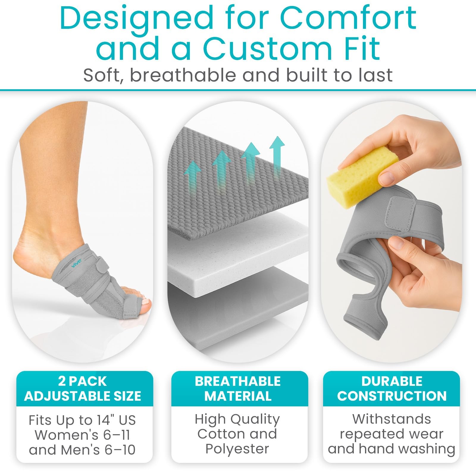 Vive Bunion Brace (Pair) – Big Toe Corrector 1 Count (Pack of 1), Gray