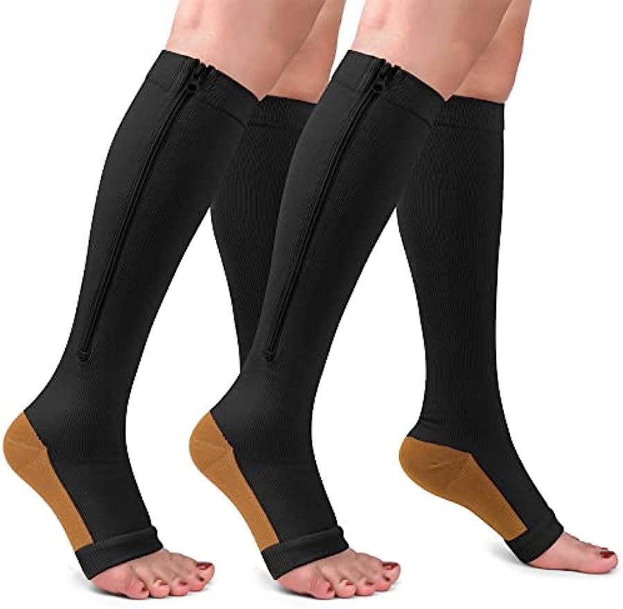 Zipper Compression Socks Open Toe 20-30mmHg Support Stocking Leg Calf Stockings