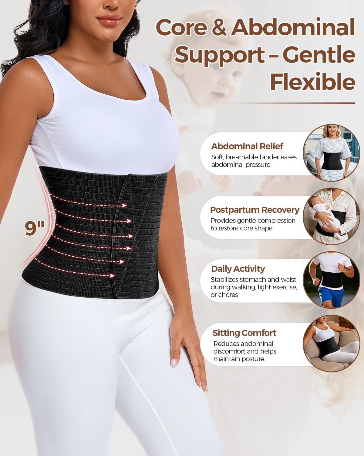 Abdominal Binder Post Surgery Belly Band Wrap for Women Men 9″ Wide