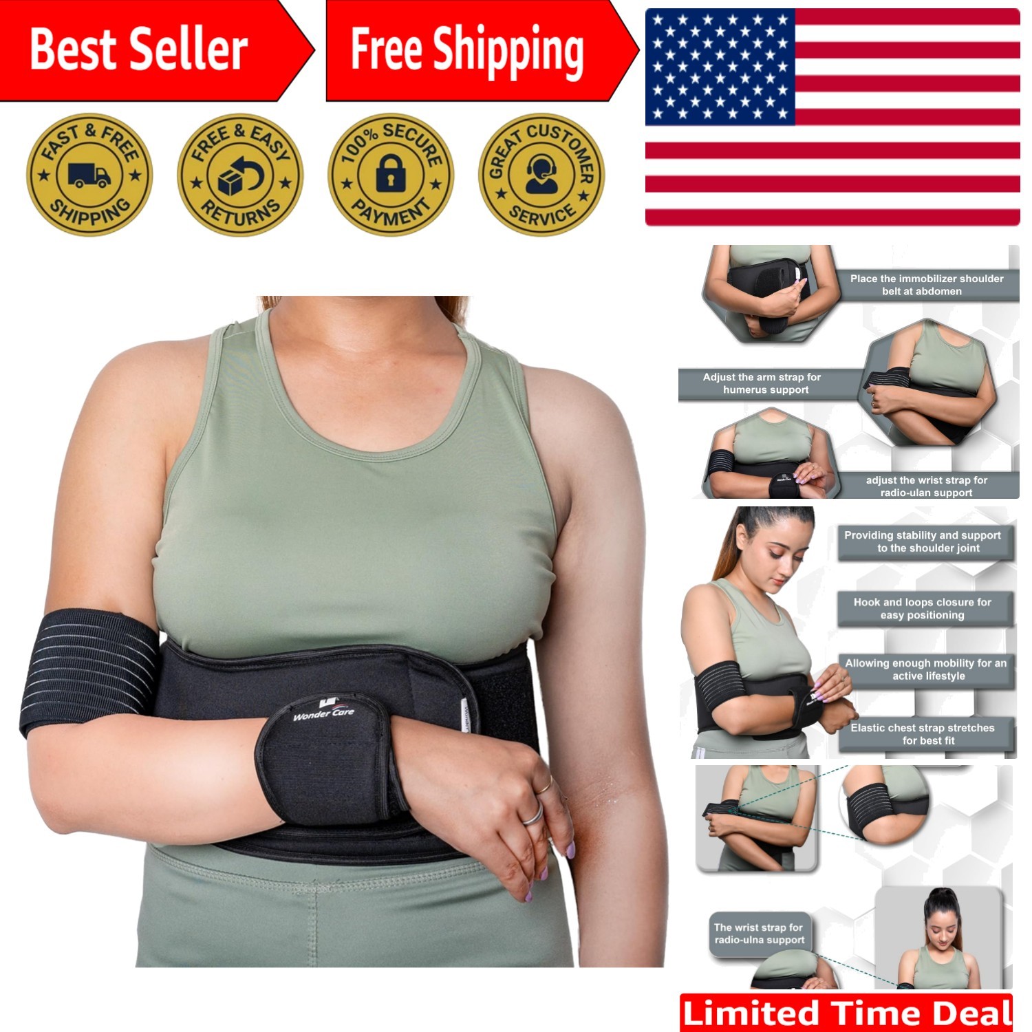 Elastic Arm Sling for Clavicle Dislocation – Lightweight Shoulder Brace – Size 2