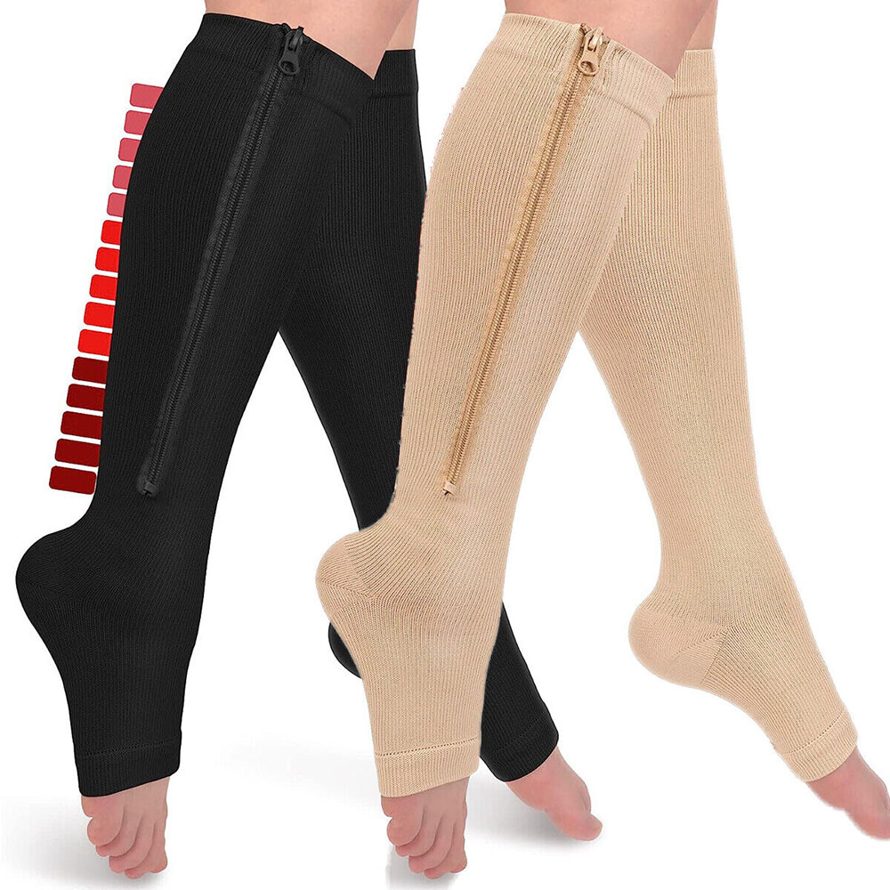 Women Men Open Toe Zipper Compression Socks 20-30mmHg Leg Calf Support Stockings