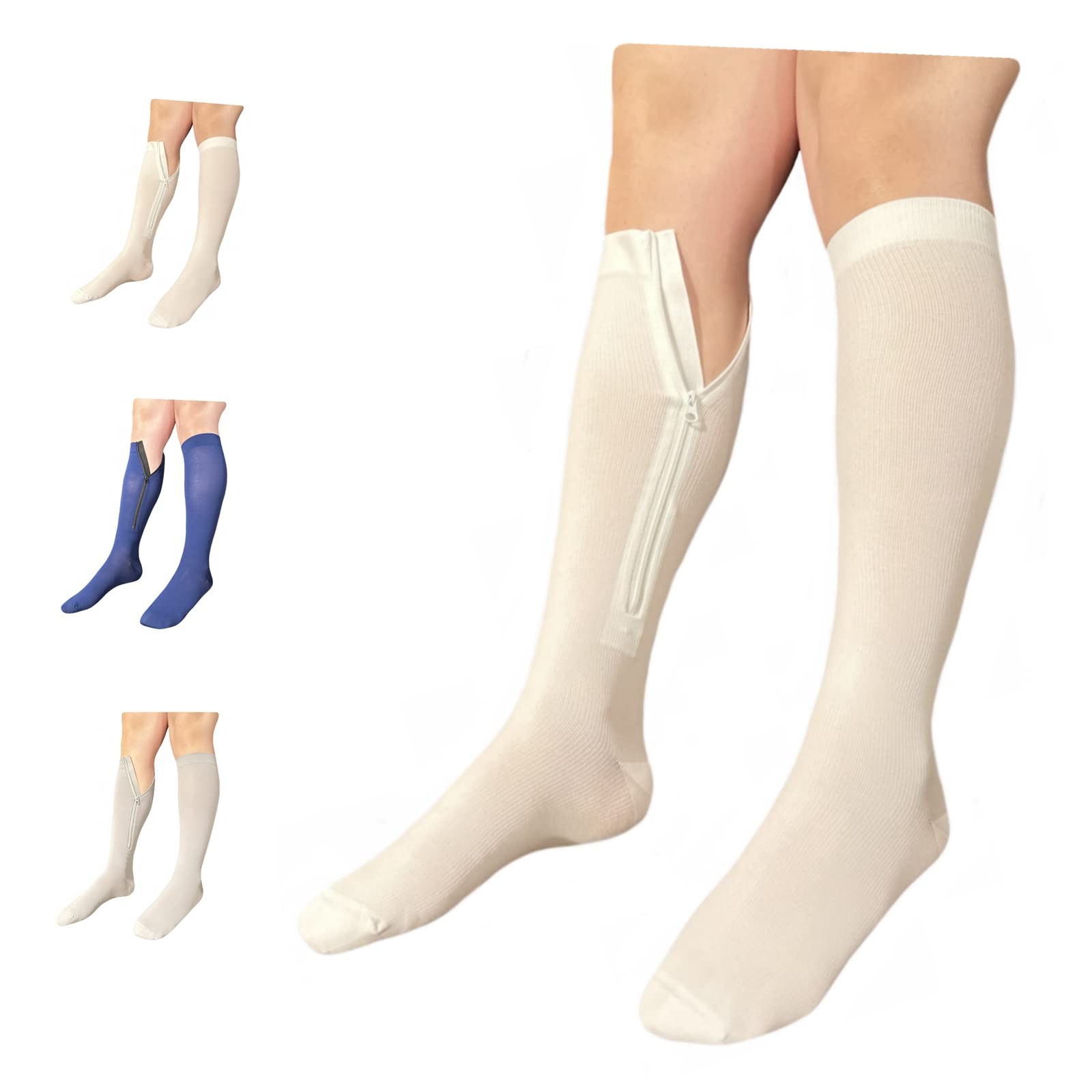 Closed Toe 15-20 mmHg Compression White Navy Gray Inside Zipper Socks