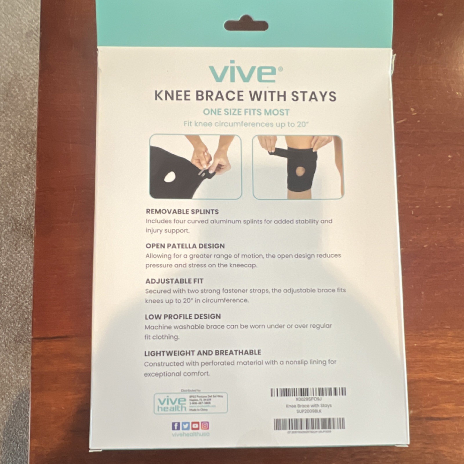 VIVE Knee Brace with Stays Black One Size Removable Splints Adjustable Fit