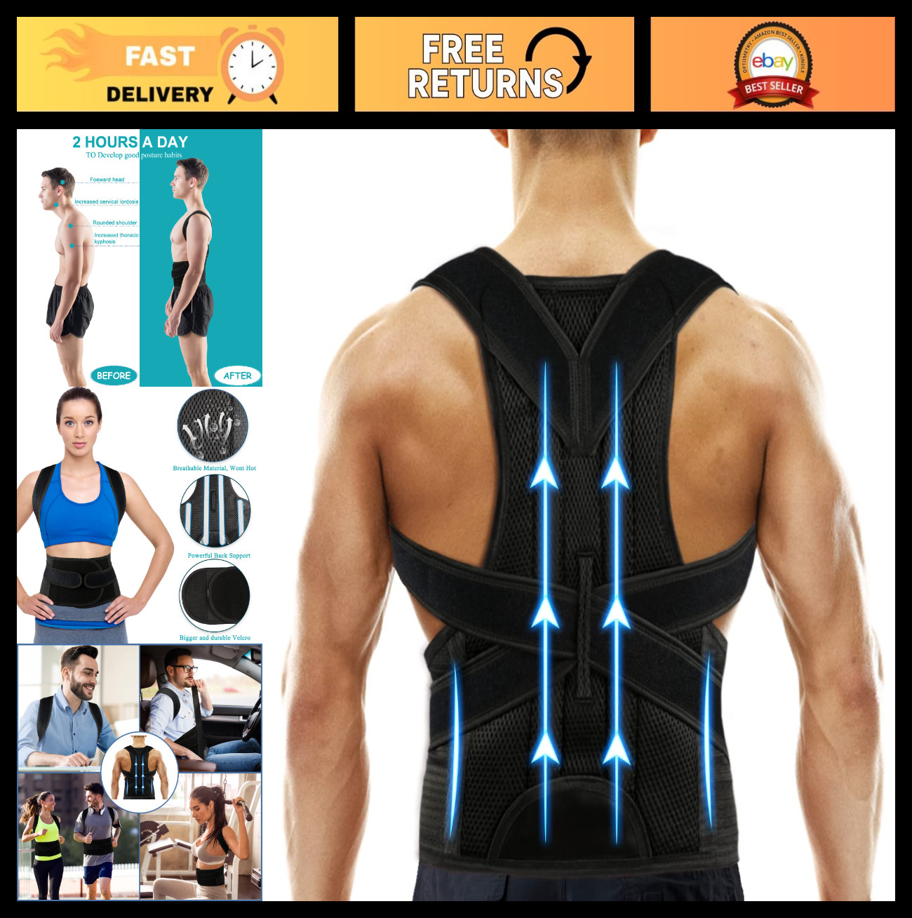 Adjustable Back Brace Posture Corrector for Pain Relief – Waist, Back & Shoulder