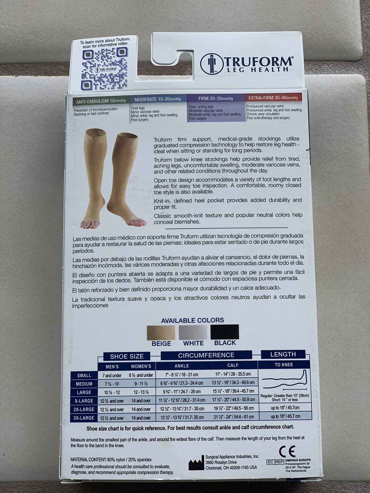 Truform 0865 Medical Compression Stocking Below Knee Open Toe Beige 2X Large New