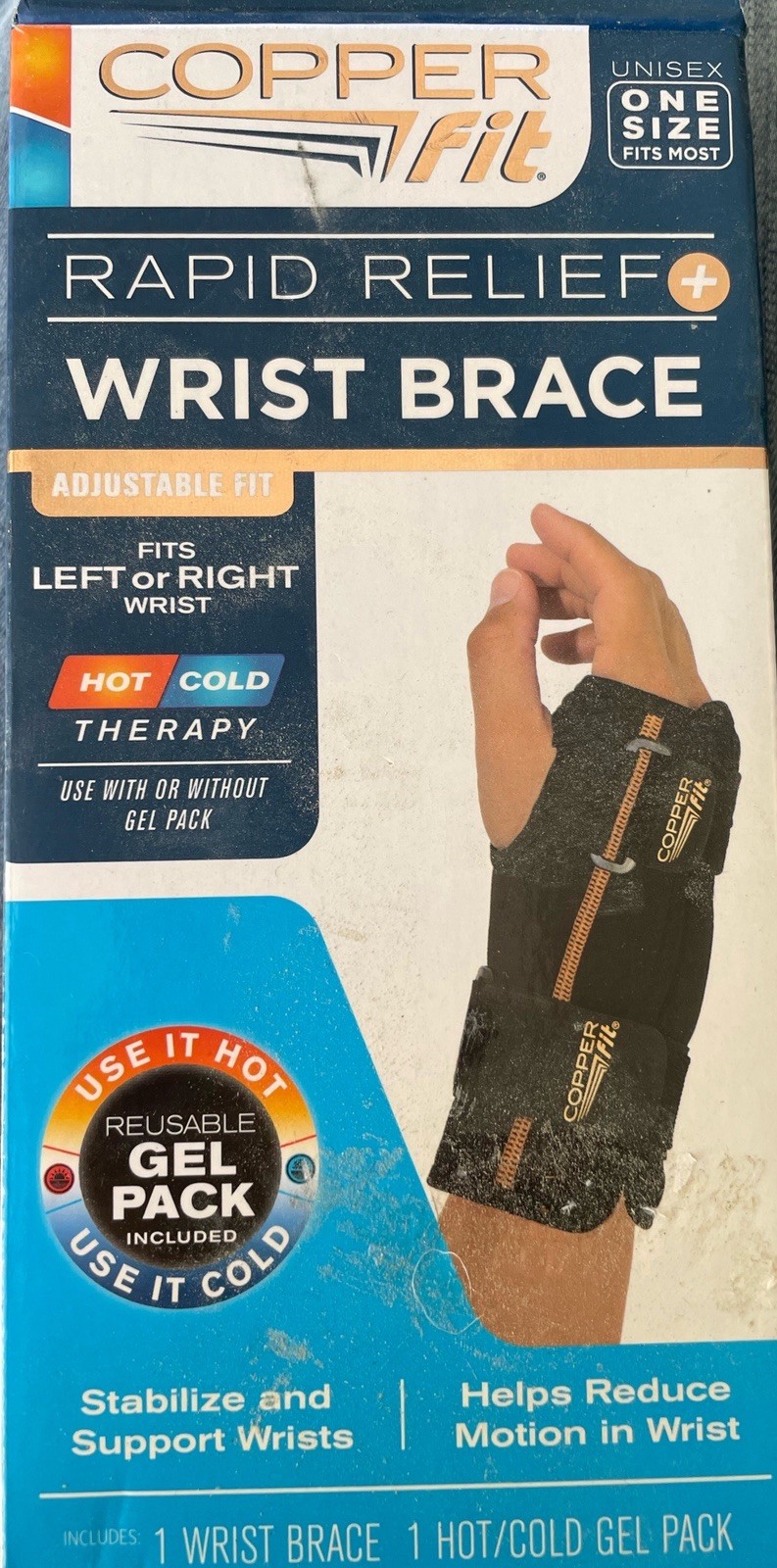 Copper Fit Rapid Relief Wrist Brace Left Right Hand Unisex Hot Cold Gel Therapy