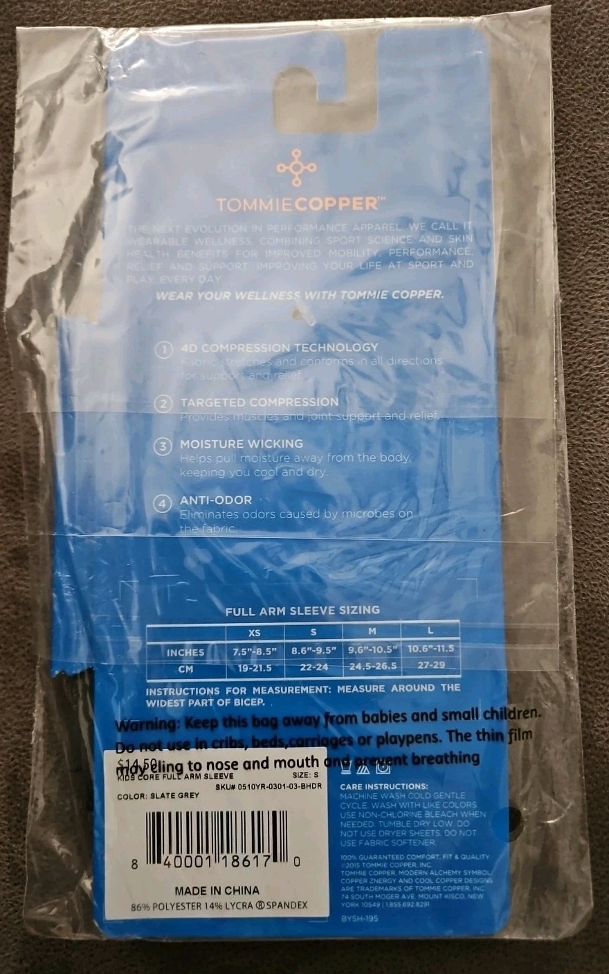 Tommie Copper Boy’s Core Compression Full arm Sleeve Small New Slate Grey Kids