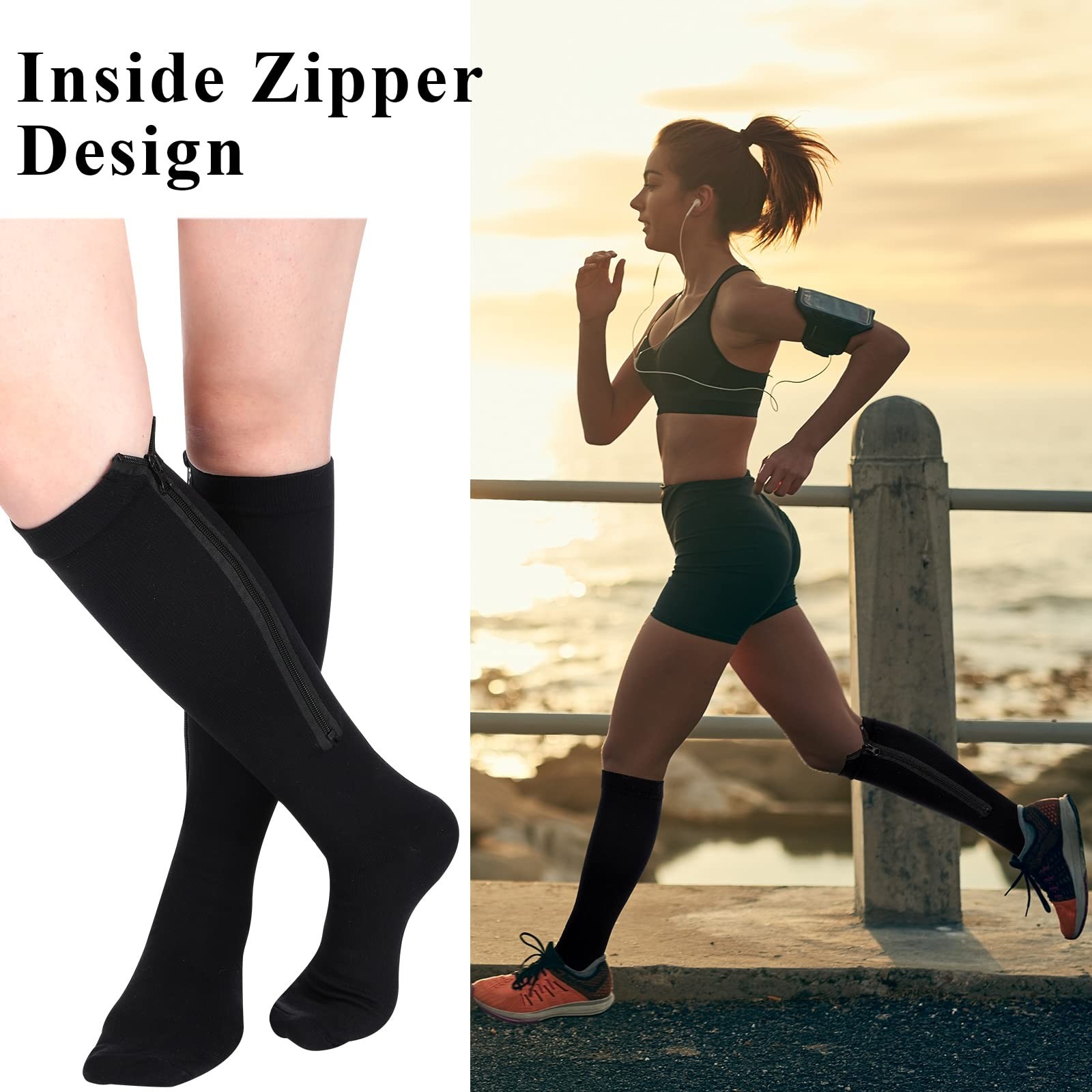Tarpop 4 Pair Zipper Compression Socks Closed Toe 20-30 Mmhg Large, Black