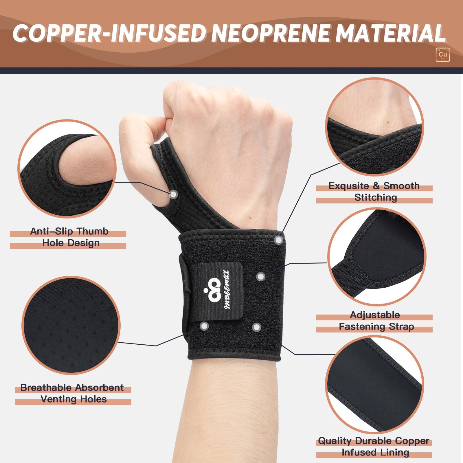 Copper Carpal Tunnel Wrist Brace 2 Pack Adjustable Compression Support Black