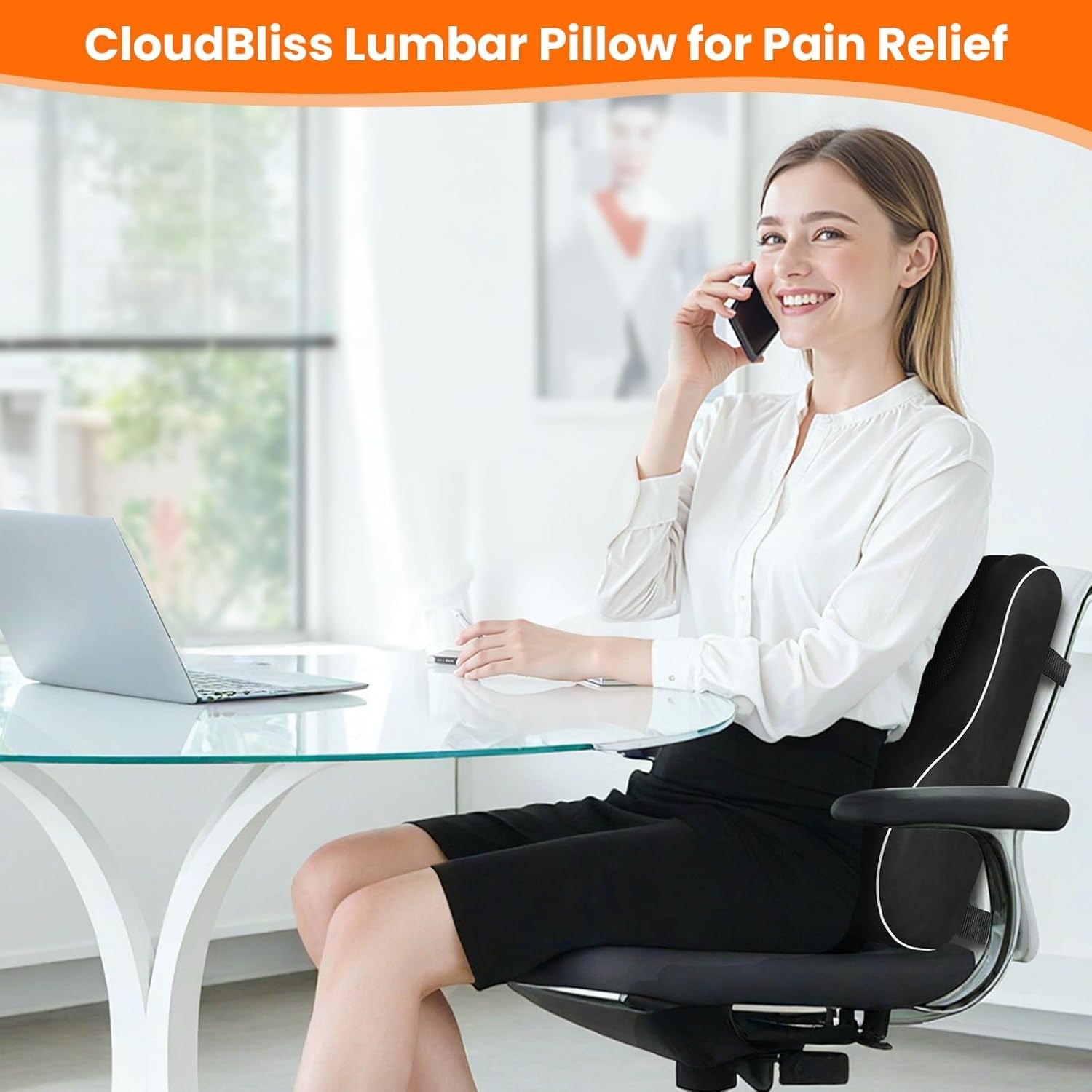 CloudBliss Lumbar Support Pillow Memory Foam Back Cushion Black Office Chair