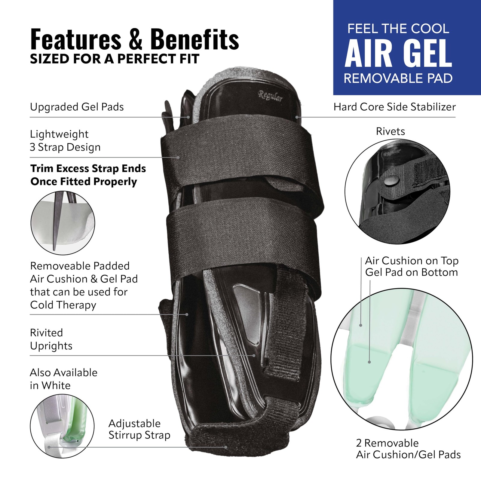 AnklePro Air Gel Stirrup Ankle Brace Side Stabilizer Cushion Regular White 1 PR