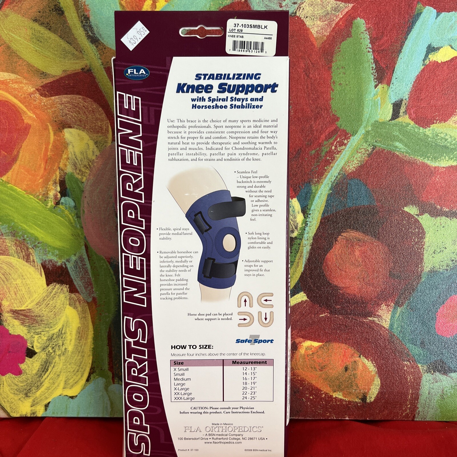 FLA Small Stabilizing Knee Support w/Spiral Stays & Horseshoe Stabilizer Blk NIB