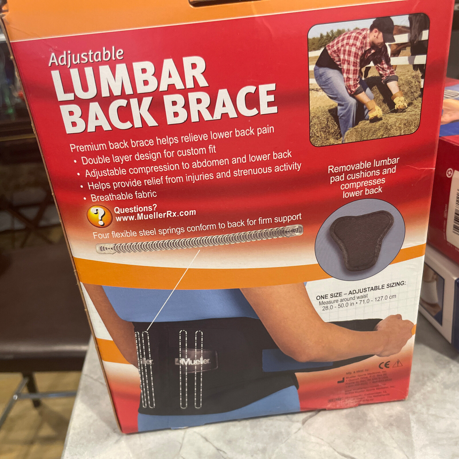Mueller Lumbar Back Brace Adjustable 28-50 in. Maximum Support New In Box 6721