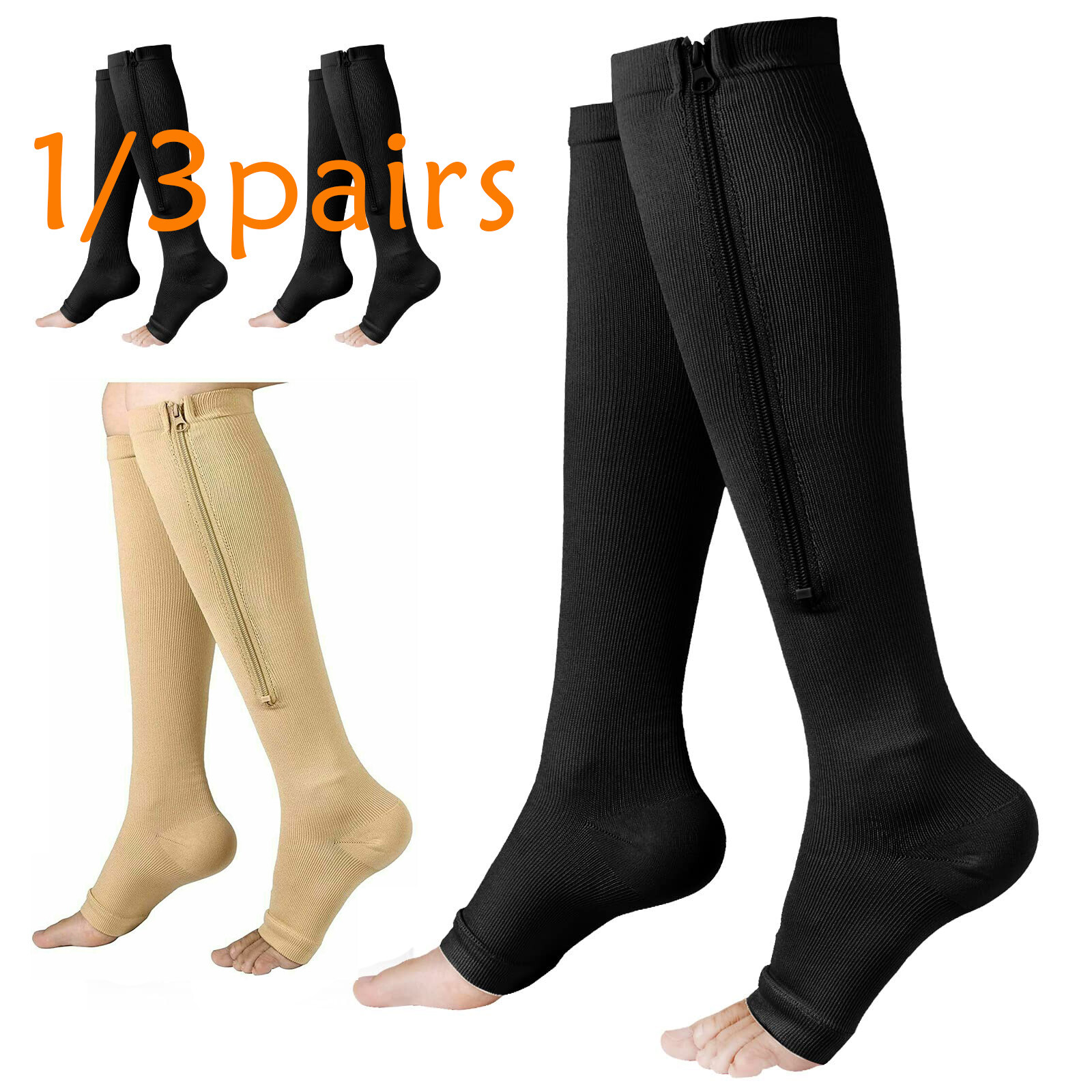 Zipper Compression Socks for Men Women DVT Support Stockings Open Toe 15-20mmHg