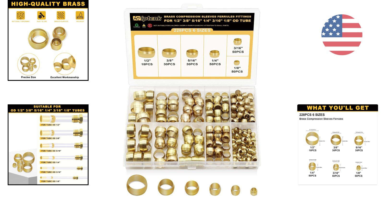 Universal Brass Compression Sleeves Kit 228PCS – 6 Sizes for Tough Applications