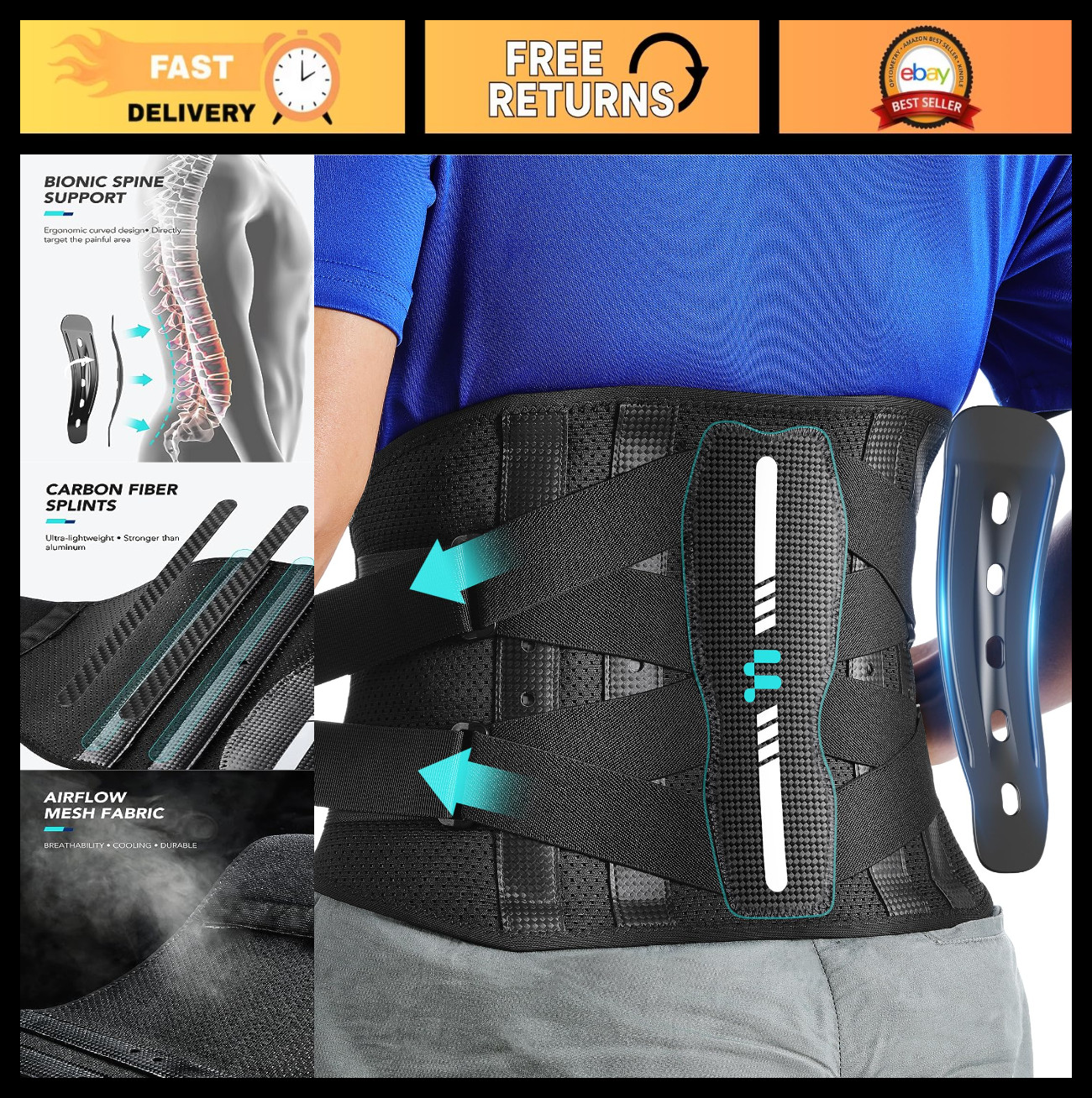 Lower Back Pain Relief Brace, Ergonomic Carbon Fiber Support, Ultra-Thin Mesh, A
