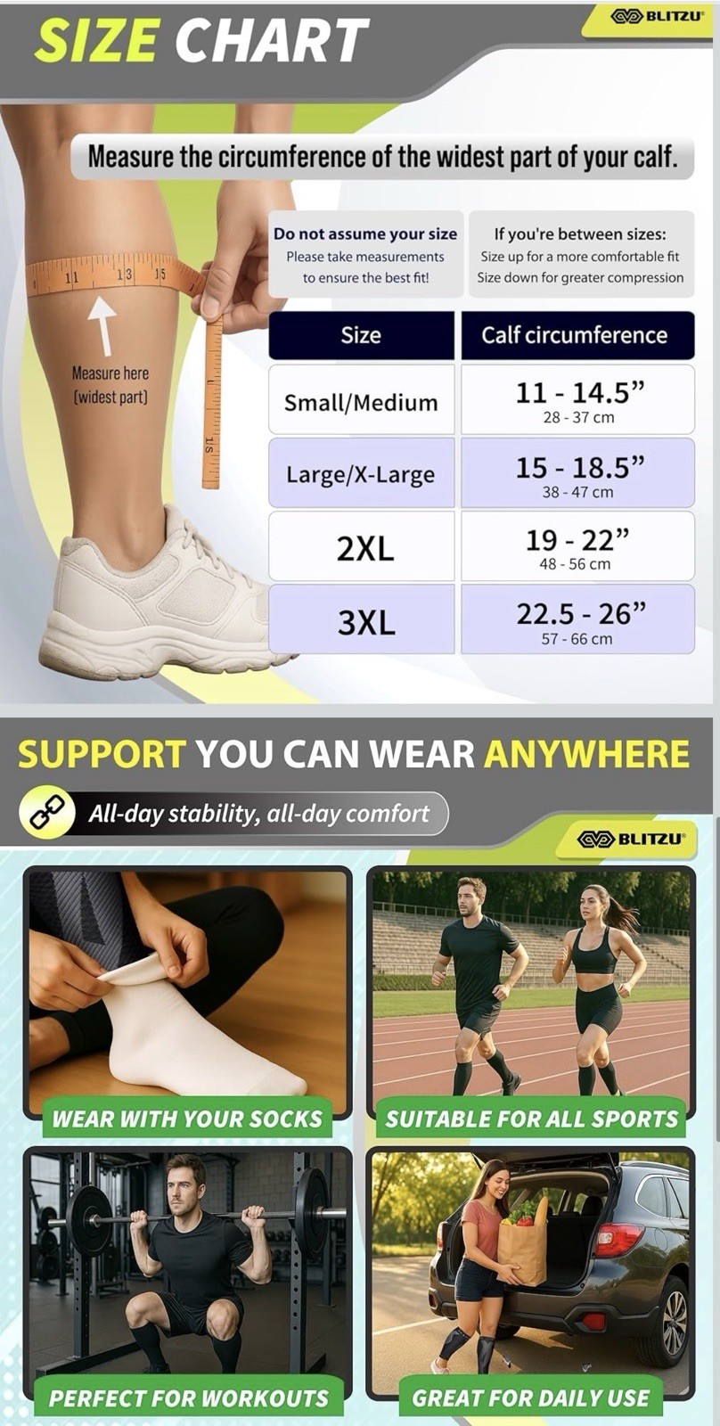 BLITZU Calf Compression Sleeve Footless Socks Leg Support Shin Splint Black S-M