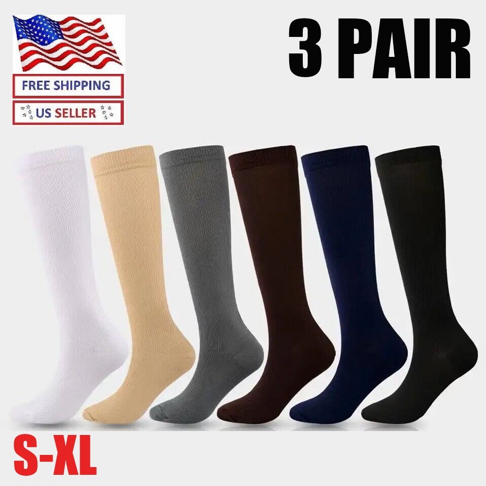 3 Pair Compression Socks 20-30 mmHg for Support Knee High Socks Athletic, Flying