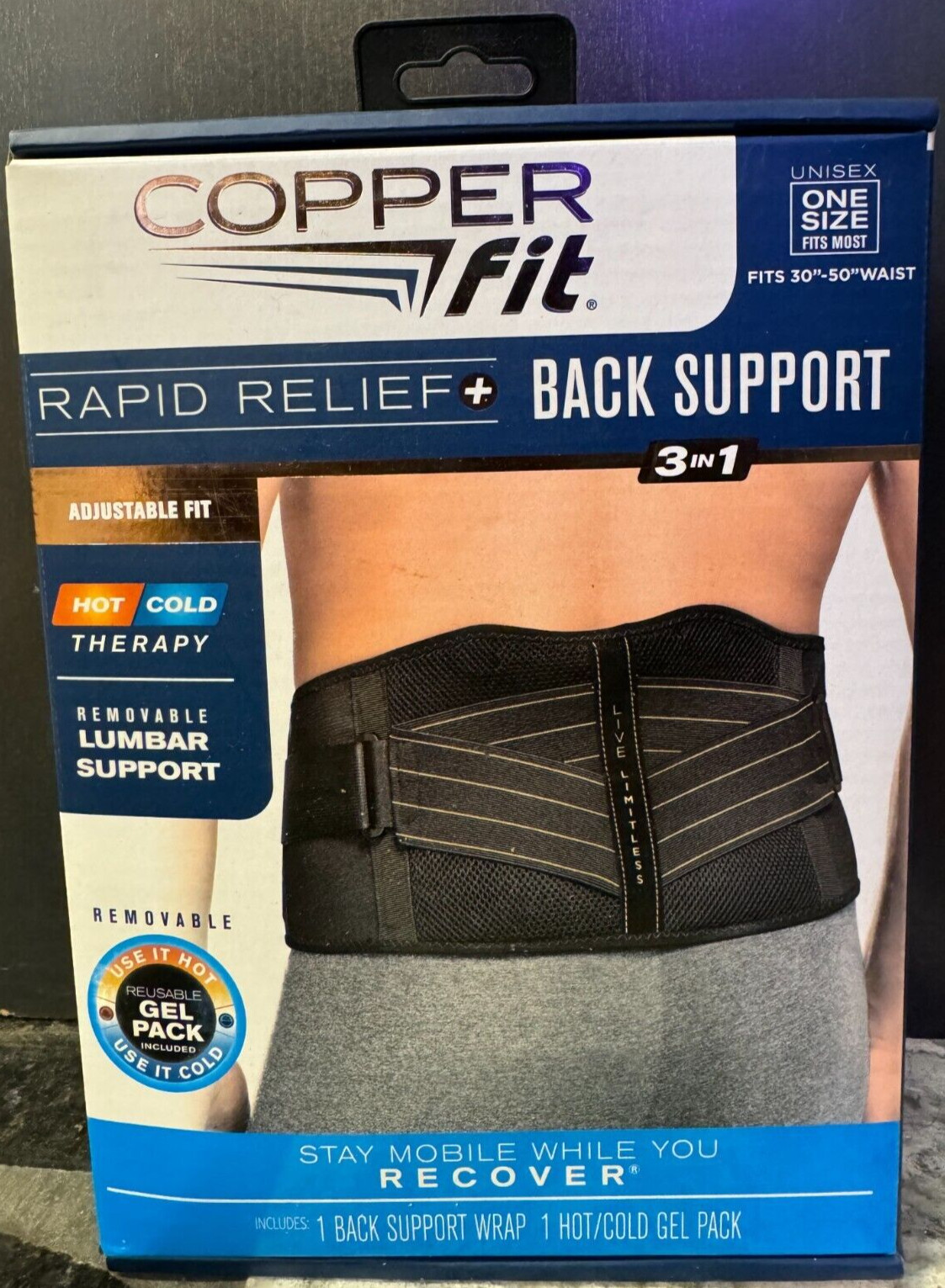 Copper Fit Rapid Relief Back Support 3/1 Hot/Cold Therapy Unisex One Size Ppd2U!