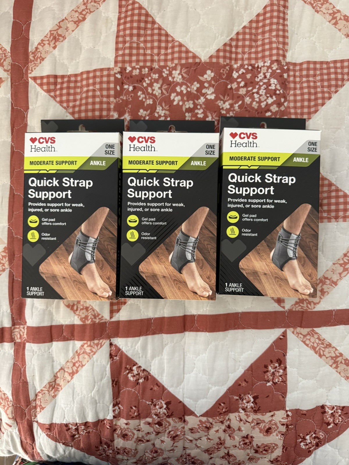 3-Pk CVS Moderate Support Ankle Quick Strap One Size Gel Pad Odor Resistant
