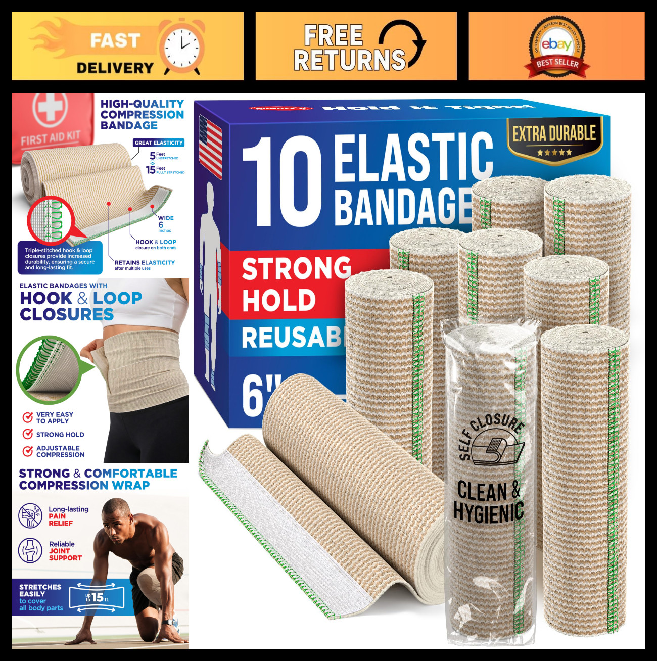 Elastic Bandage Wraps 6” (10pk) – Strong Compression Self-Closing Wide Bandages