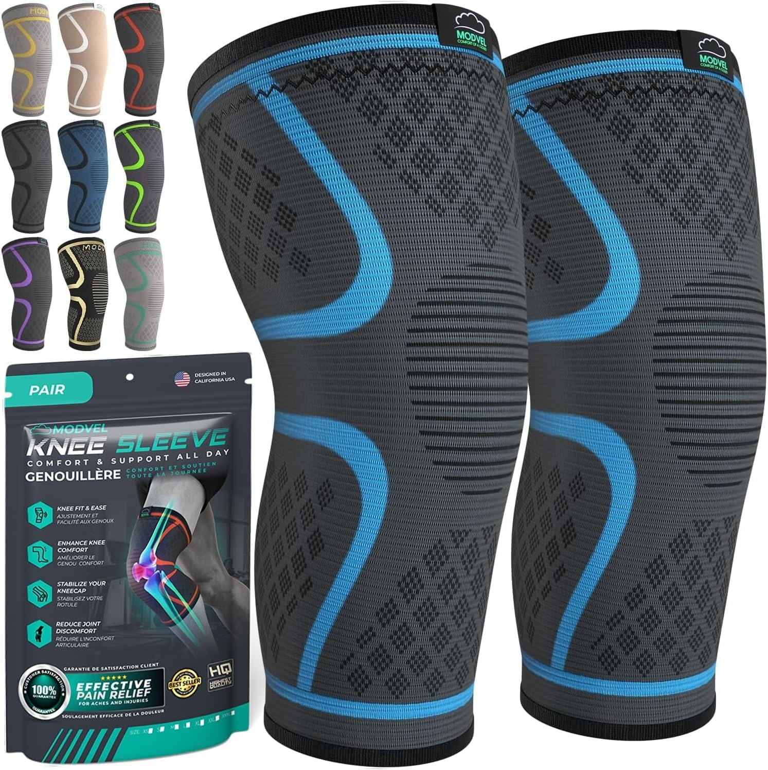 Modvel Knee Brace 2 Pack for Men & Women, Compression Sleeve for Pain Relief