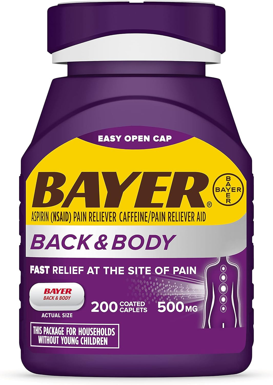 Bayer Back & Body 500mg Aspirin Plus Caffeine for Powerful Pain Relief, 200 Coat