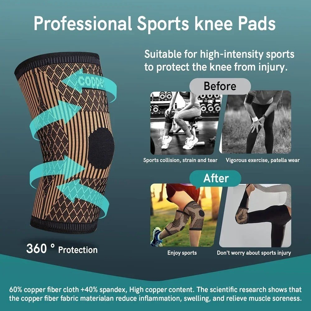 2x Copper Knee Sleeves Silver Compression Brace Support Sport Joint Injury Pain