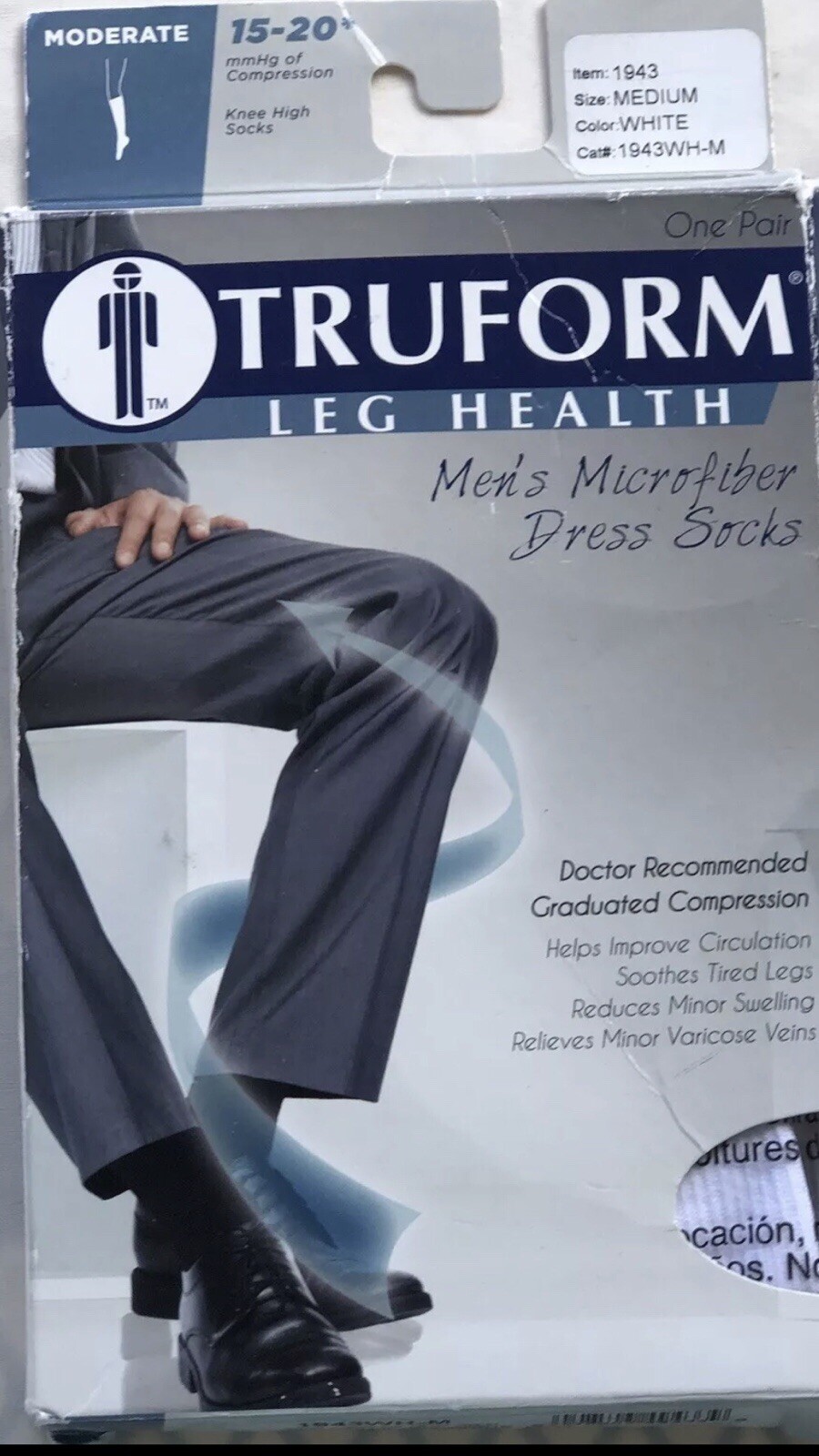 Truform Moderate White 15-20 Knee High Mens Casual Socks Compression Large NEW