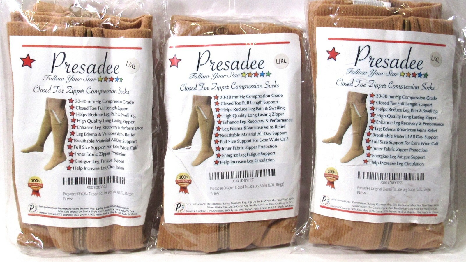 (3-Pack) PRESADEE Closed Toe 20-30 mmHg Zipper Compression Socks (Sz L/XL) Beige