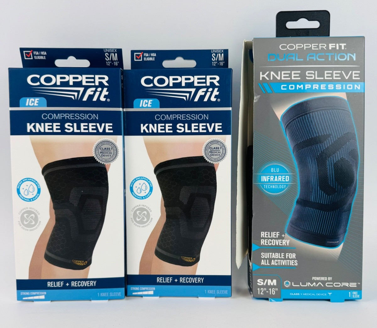 Copper Fit Knee Sleeve Compression Bundle Relief + Recovery S/M 12″-16″