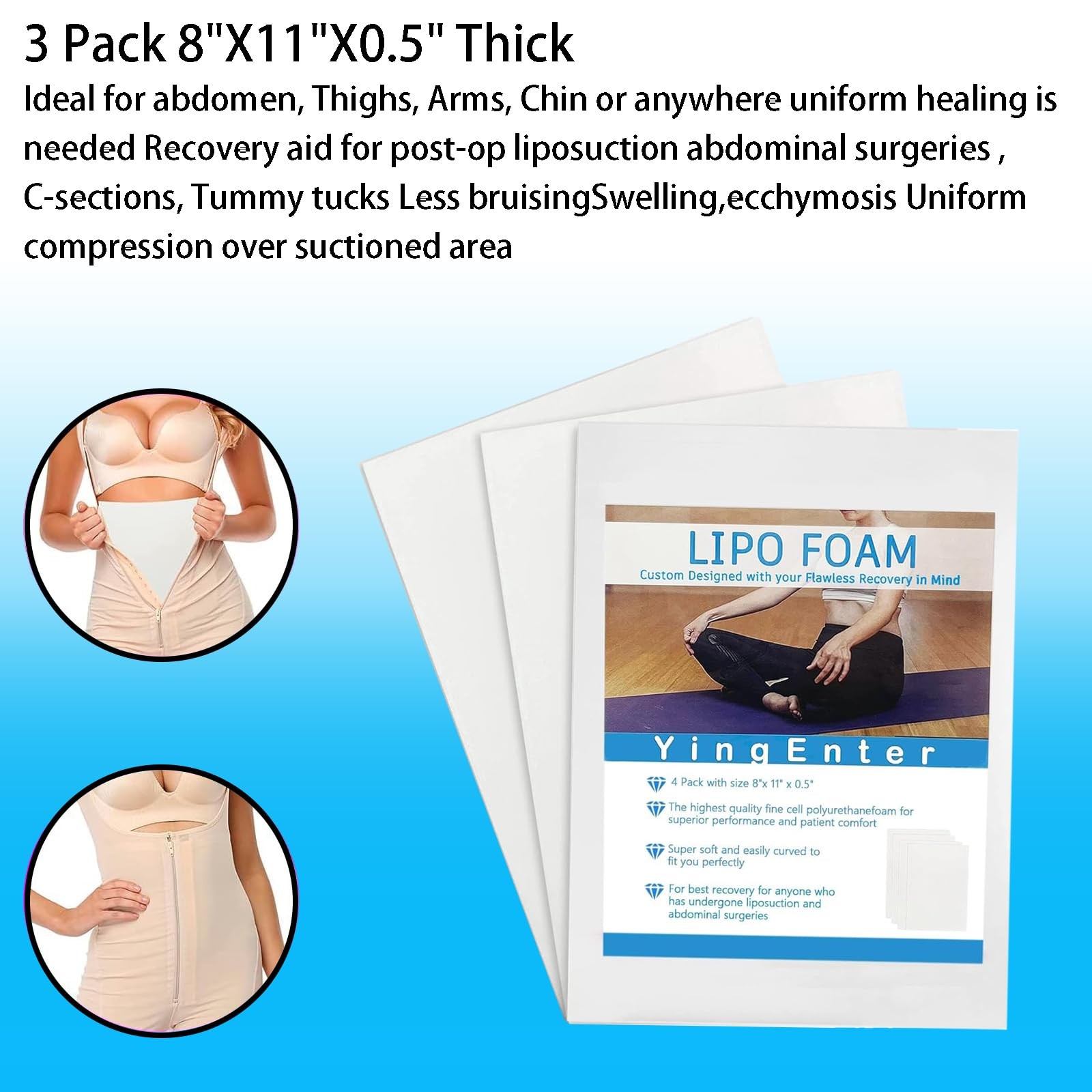 3 Pack Lipo Foam Ab Board Post Surgery Compression Garment Recovery Pads