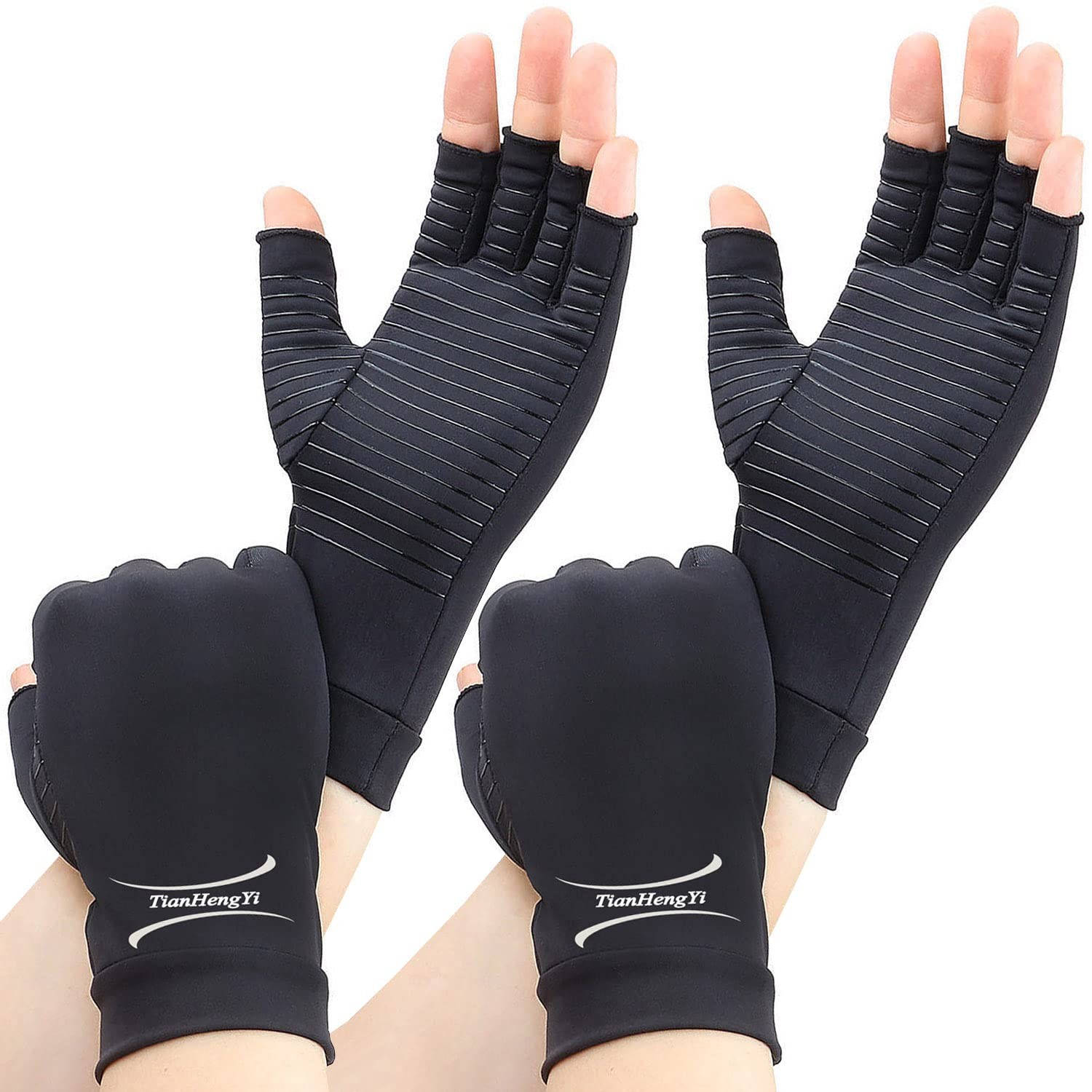 2 Pairs Copper Arthritis Gloves for Relief Pain, Compression Gloves Fingerless f