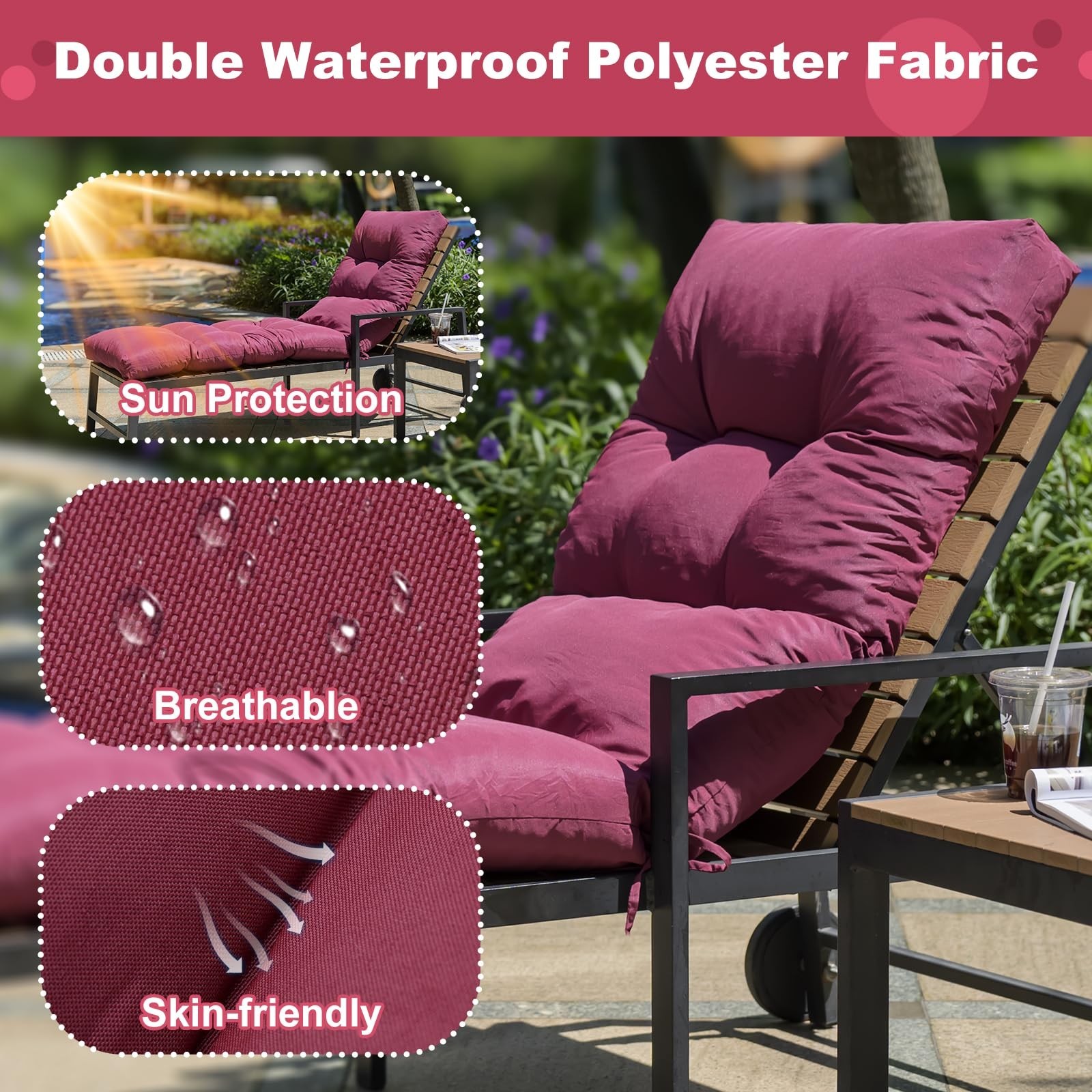 Outdoor Lounge Chair Cushions, 74.4 x 22 x 4.7 Inches Waterproof Fade Resista…