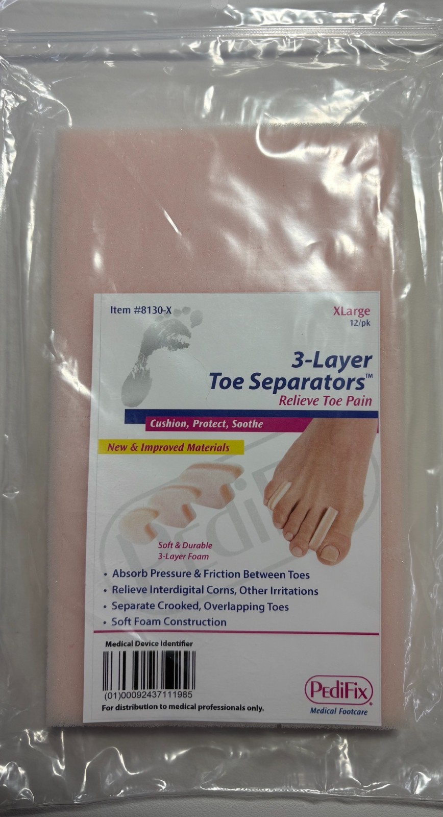 Pack of 12 Pedifix 3-Layer Toe Separators XL Toe Pain Relief