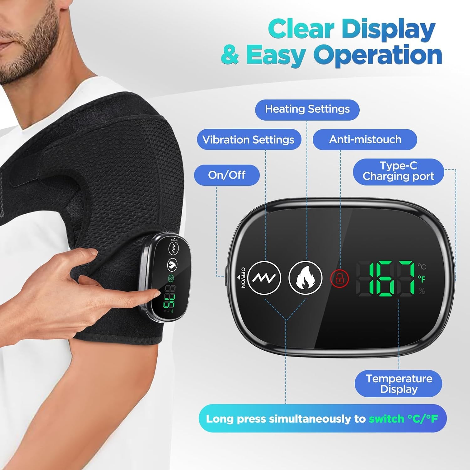 Wireless portable shoulder heating massage pad, black