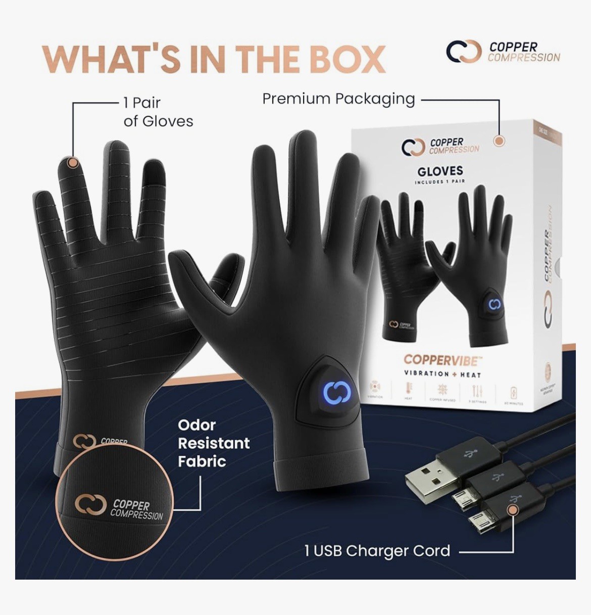 Copper Compression CopperVibe Vibration Heat Therapy Gloves Black (1 Pair)
