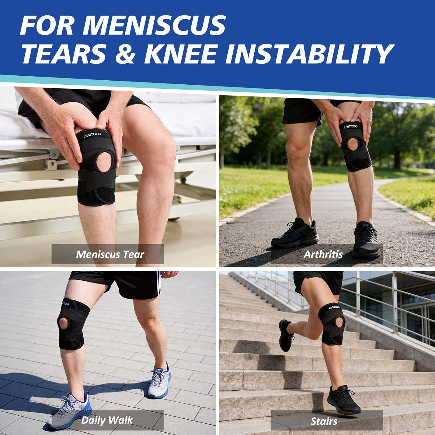 Knee Brace for Meniscus Tear, Spring Stabilizers for ACL MCL, Black | Patella Ge