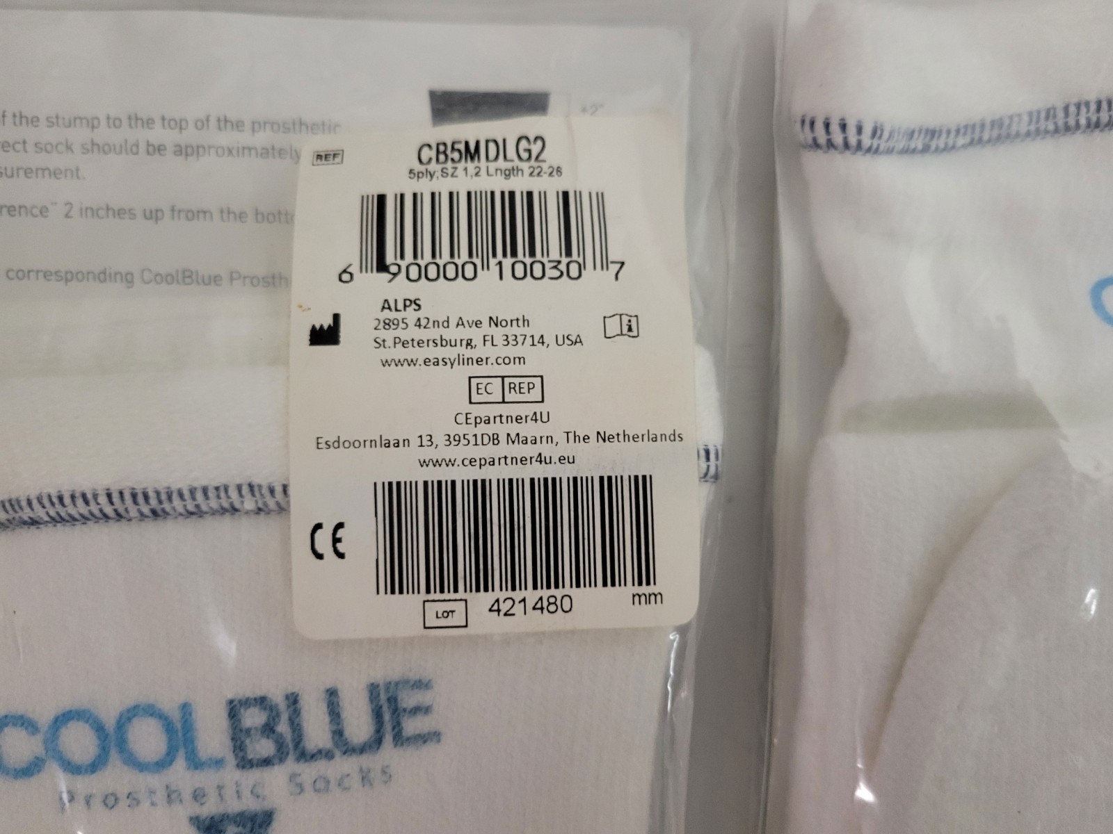 Lot Of 2 Cool Blue 5 Ply Prosthetic Socks Size 1, 2 Length 22-26 CB5MDLG2 NEW