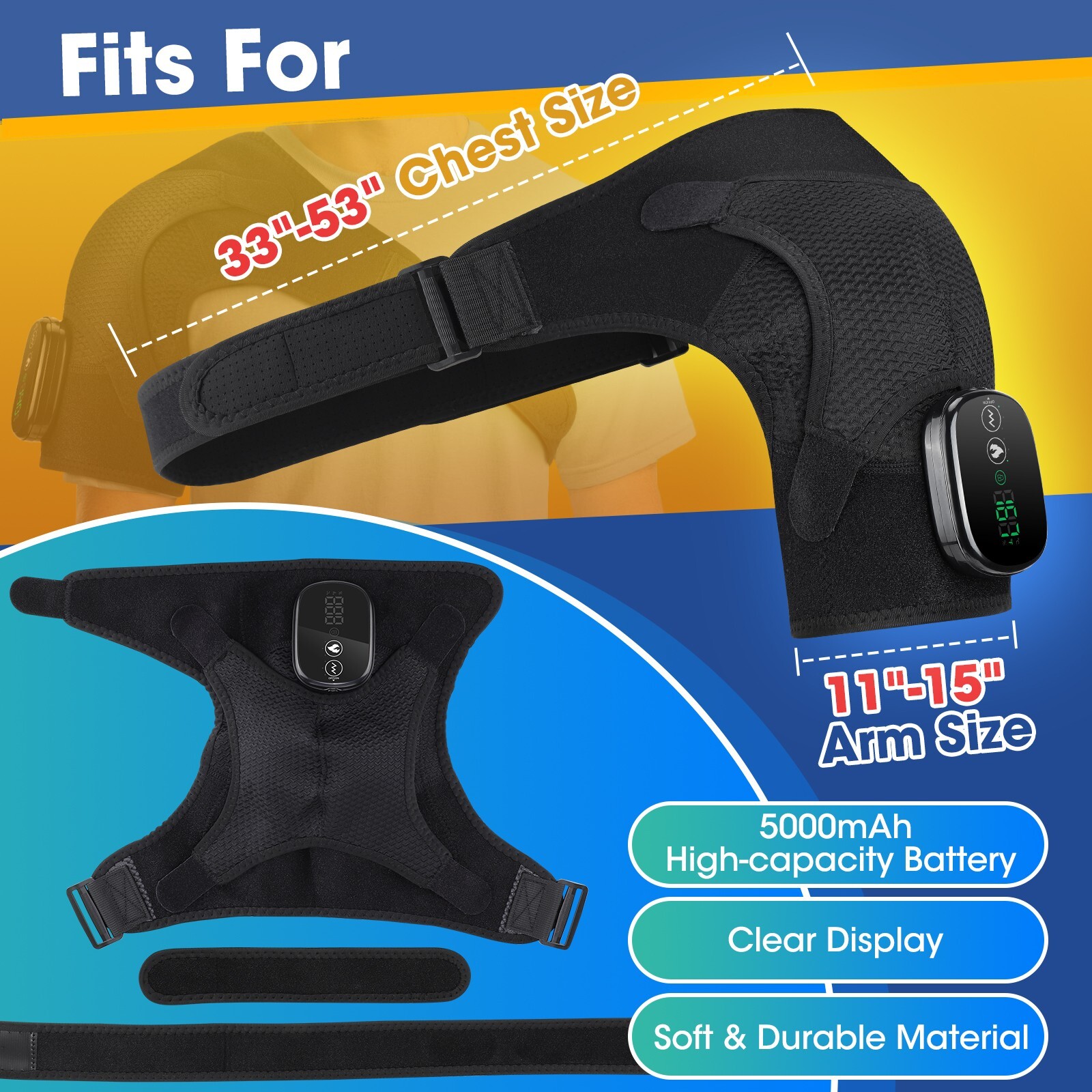Cordless Heated Shoulder Brace with Vibration, Shoulder Massager for Men & Women