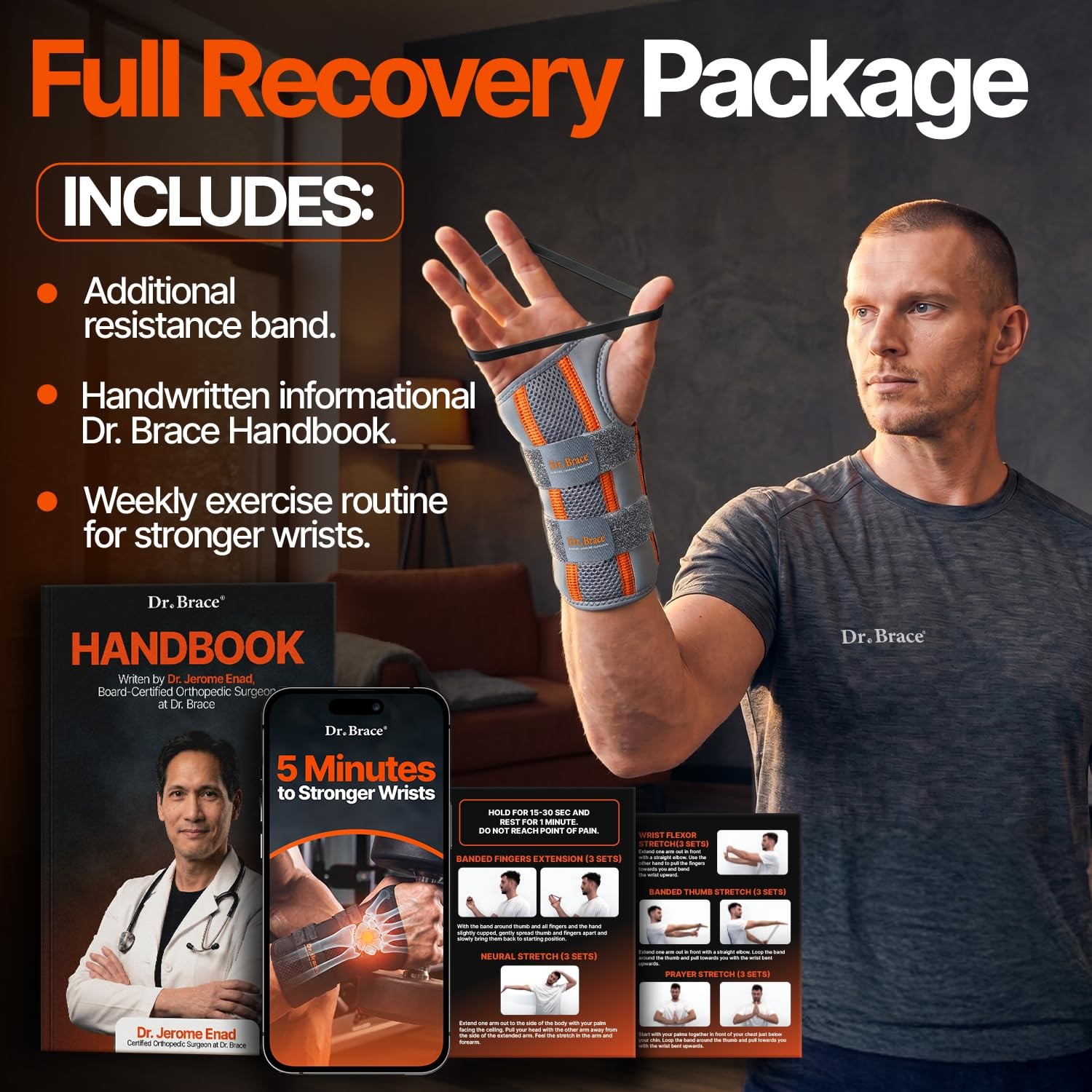 DR. BRACE Grey-Orange L/XL Right Wrist Brace Support
