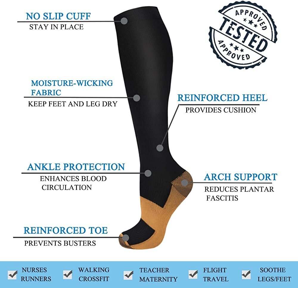 Copper Compression Socks 15-20mmHg Best for Men Women Running Athletic Medical #