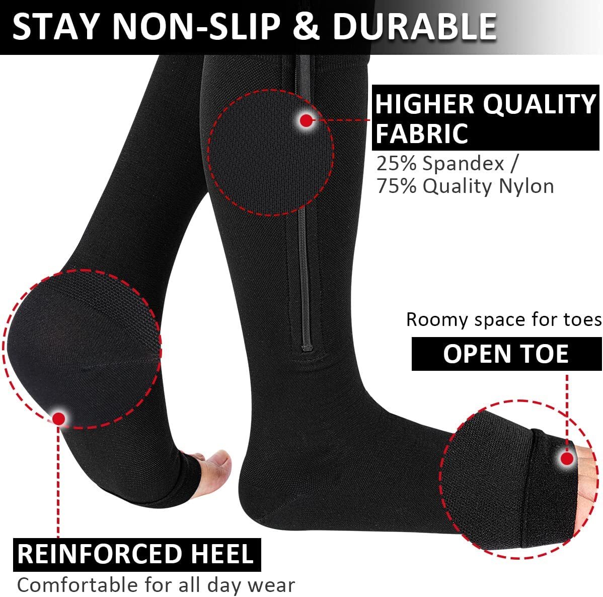 Zipper Open Toe Compression Socks for Women & Men Knee high 20-30 mmHg Walking